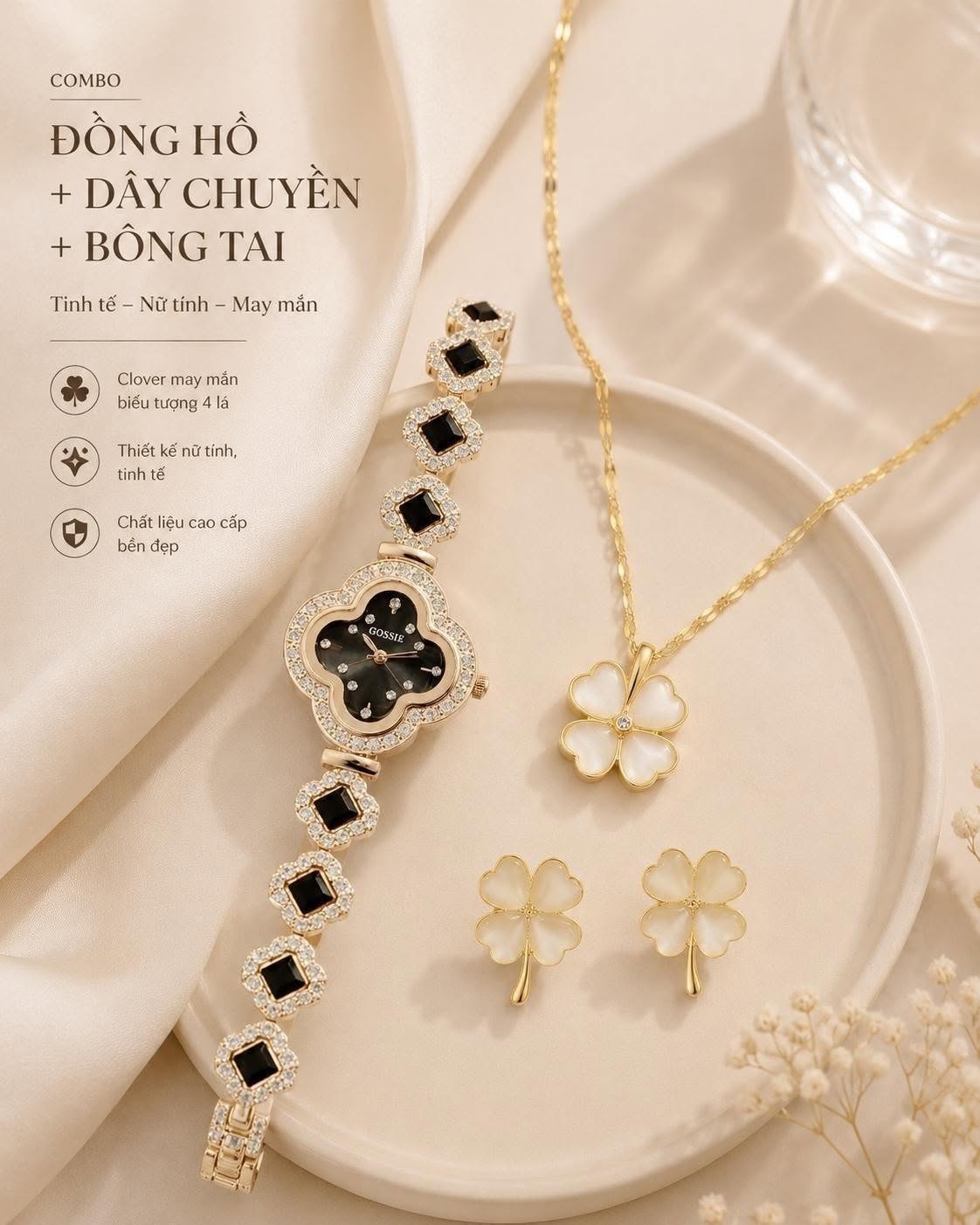 Set Gossie Van Ceramic Cỏ Bốn Lá Trắng