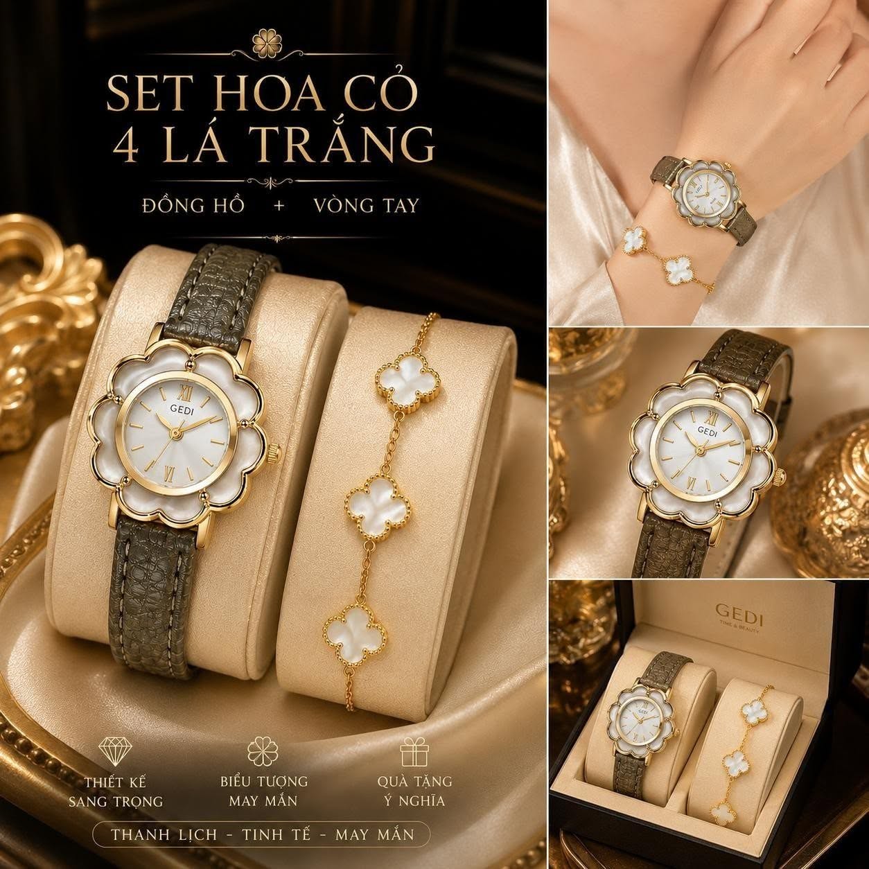 Set Hoa Cỏ 4 Lá Trắng
